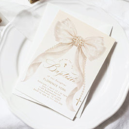 Convite Pearls Gold Bow Girl Baptism Religious