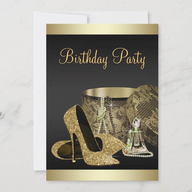 Convite Pearls High Heel Calçados Negras Douradas Aniversá (Frente)
