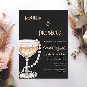 Convite Pearls Prosecco - aniversário preto de ouro
