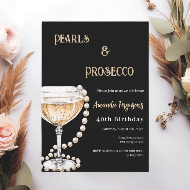 Convite Pearls Prosecco - aniversário preto de ouro (Criador carregado)