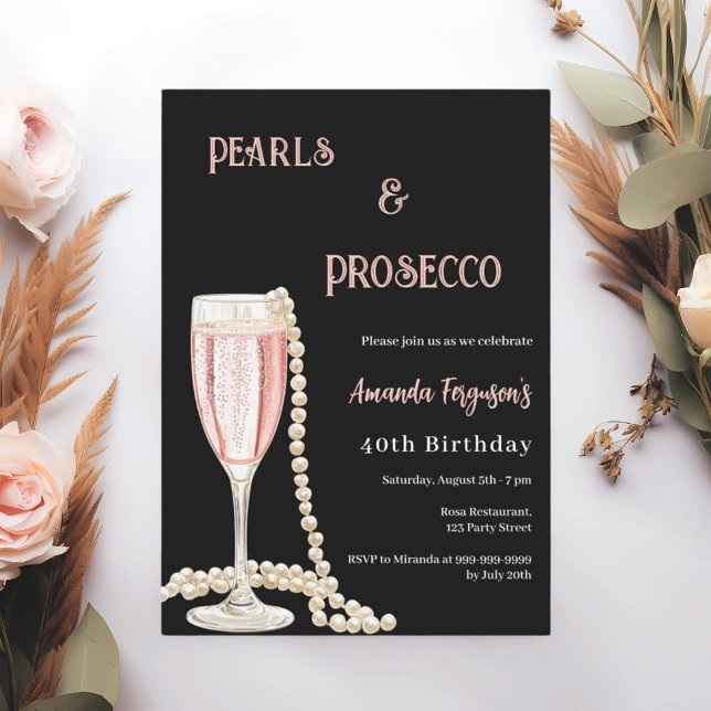 Convite Pearls Prosecco - aniversário preto rosa (Criador carregado)