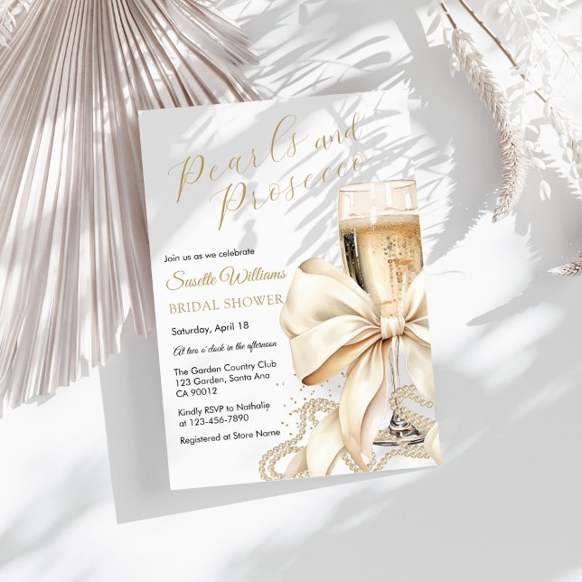 Convite Pearls & Prosecco Bow Bridal Shower Invitation (Prosecco & Pearls Bridal Shower Invitation)