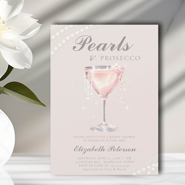 Convite Pearls Prosecco Dusty Chá de panela de Brunch Rosa (pearls and prosecco bridal shower invitation dusty pink bubbly calligraphy elegant classic romantic)