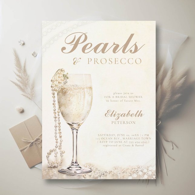 Convite Pearls Prosecco Ecru Elegant BrunChá de panela (pearls and prosecco bridal shower invitation brunch lunch elegant modern romantic watercolor ecru)