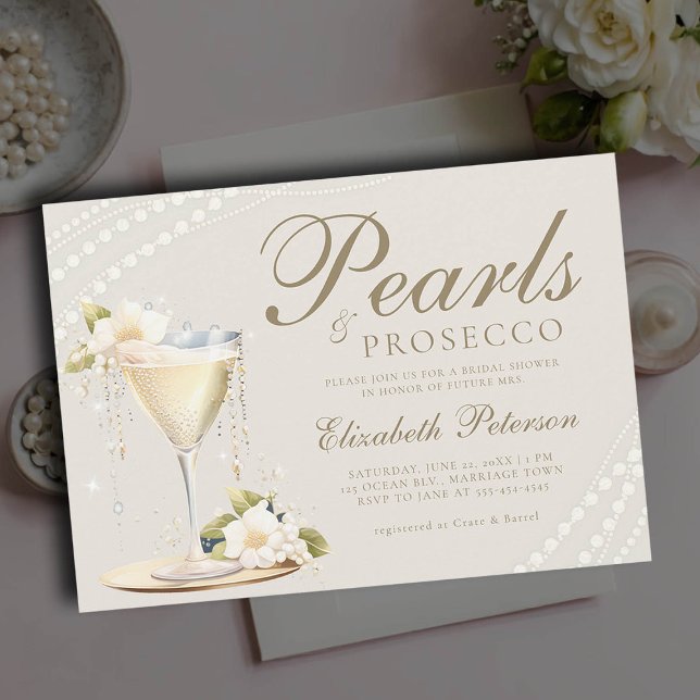 Convite Pearls Prosecco Elegante Chic BrunChá de panela (pearls and prosecco bridal brunch invitation champagne glass ivory ecru elegant modern classic chic)