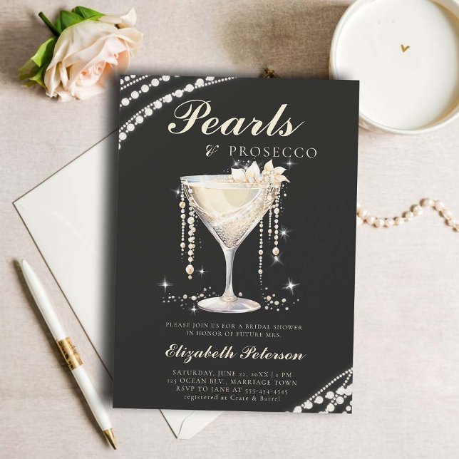 Convite Pearls Prosecco Ivory Black Elegante Chá de panela (pearls prosecco bridal shower invitation brunch template card champagne watercolor ivory black)