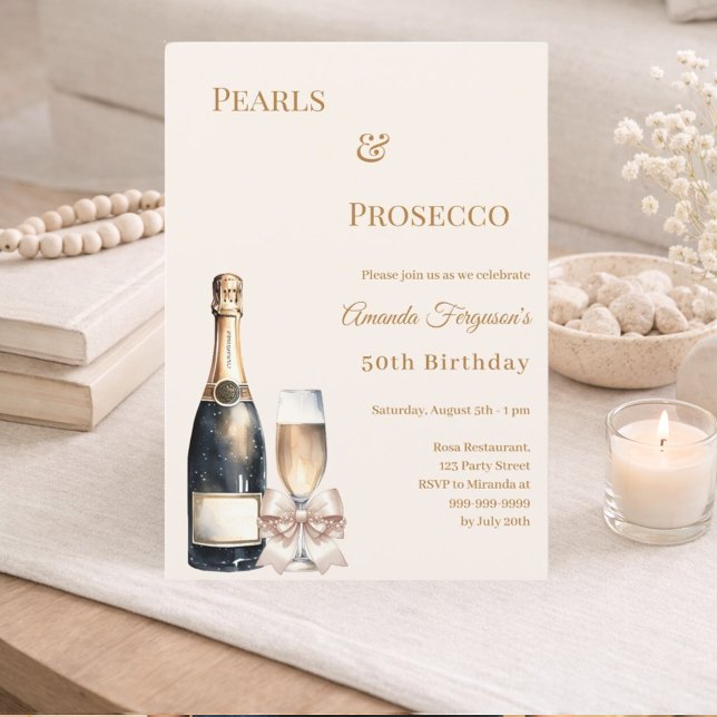 Convite Pearls Prosecco ivory bow elegant birthday  (Criador carregado)