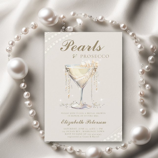 Convite Pearls Prosecco Ivory Elegant BrunChá de panela (pearls prosecco bridal shower invitation classy watercolor elegant modern classic)