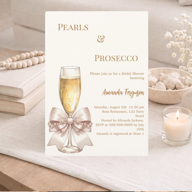 Convite Pearls Prosecco ivory golden bow Bridal Shower (Criador carregado)