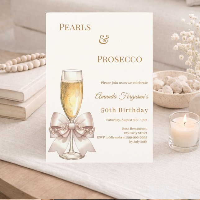 Convite Pearls Prosecco ivory golden bow elegant birthday  (Criador carregado)
