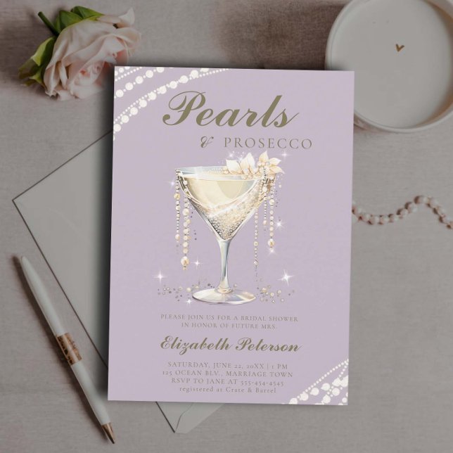 Convite Pearls Prosecco Lilac Chá de panela Elegente Doura (Pearls Prosecco bridal shower invitation brunch template card champagne watercolor ivory lilac)