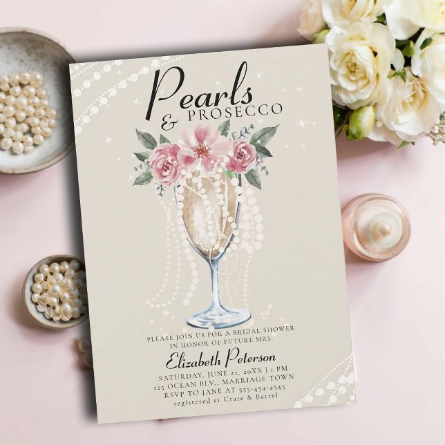 Convite Pearls Prosecco Petals Ivory BrunChá de panela (pearls and prosecco bridal shower invitation brunch bubbly champagne garden outdoors modern ivory)