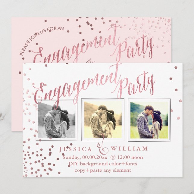 Convite Peça de Noivado de Confetti Dourado de Rosa de Pix (Frente/Verso)