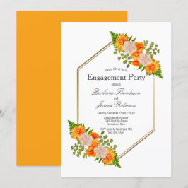 Convite Peça de Noivado de Quadro Dourado Floral Laranja