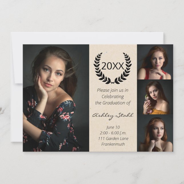 Convite Peça sofisticada de Graduação de Fotos Preta e Dou (Frente)