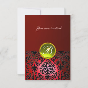Convite PEDRA GEMA DAMASCO MONOGRAMA vermelho amarelo rsvp