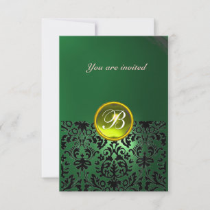 Convite PEDRA GEMADA DAMASCO monograma verde amarelo rsvp