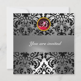 Convite PEDRA GEMADA DE DAMASCO PRETO E BRANCO MONOGRAMA r
