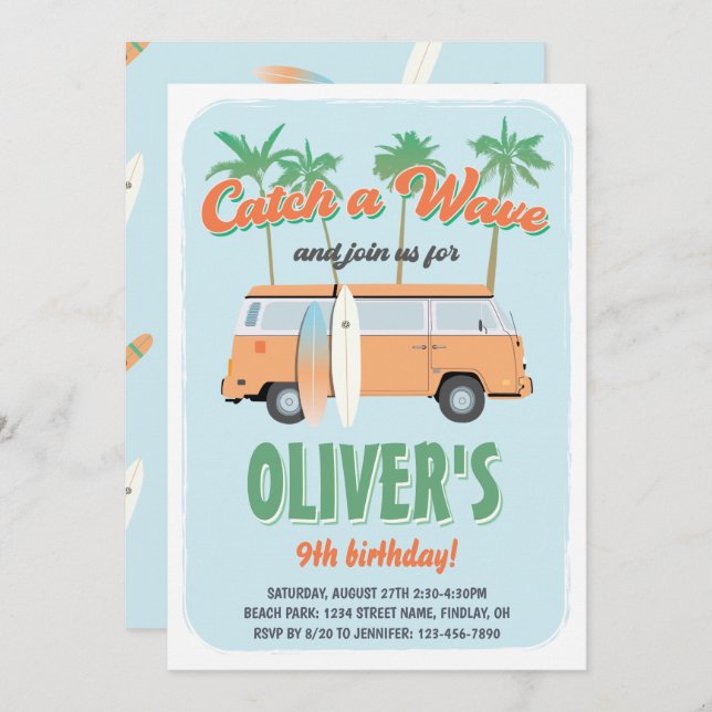 Convite Pegue uma Festa de aniversário de onda, qualquer i (Frente/Verso)