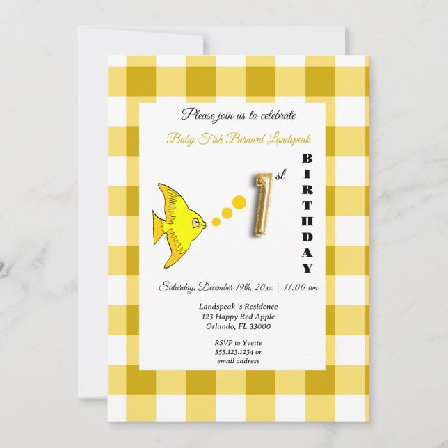 Convite Peixe Amarelo & Balão Dourado de Gingham Aniversár (Frente)