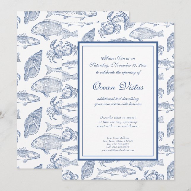 Convite Peixe Azul e Branco e Elegante Evento Costeiro de  (Frente/Verso)