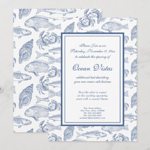 Convite Peixe Azul e Branco e Elegante Evento Costeiro de 
