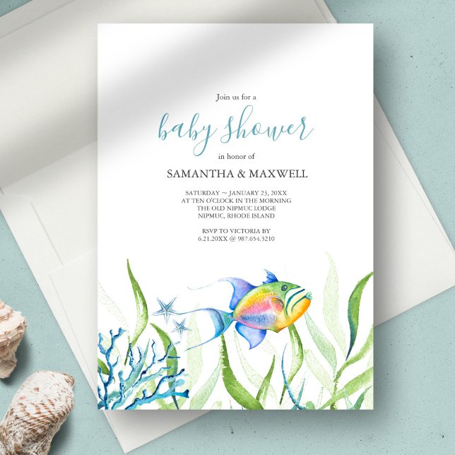 Convite Peixe-Cinto-d-Água Chá de fraldas (Boy Baby Shower Invitations Watercolor Cute Tropical Fish art and design by Victoria Grigaliunas)