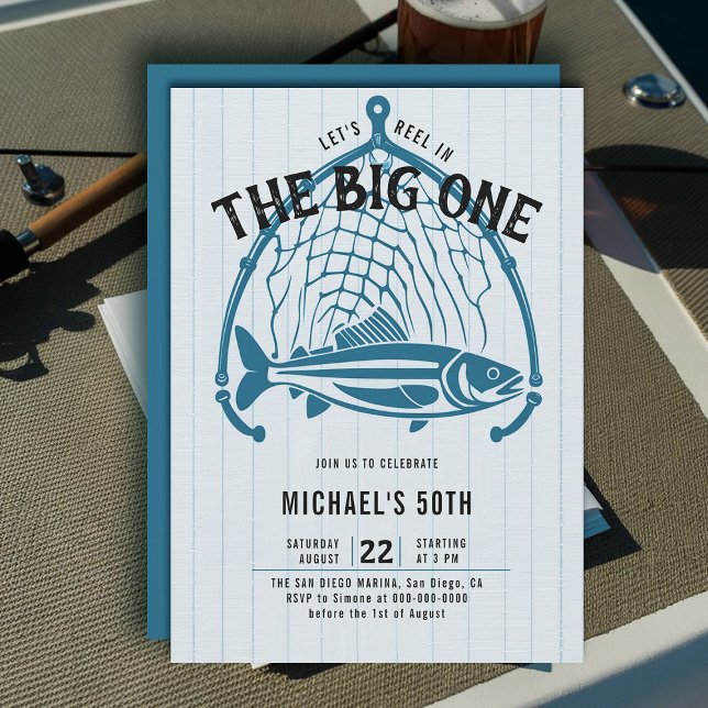 Convite Peixe de Pesca Líquido Azul Diversão Casual Homens (fishing 50th birthday invitation men big one fish reel net elegant modern simple classy)