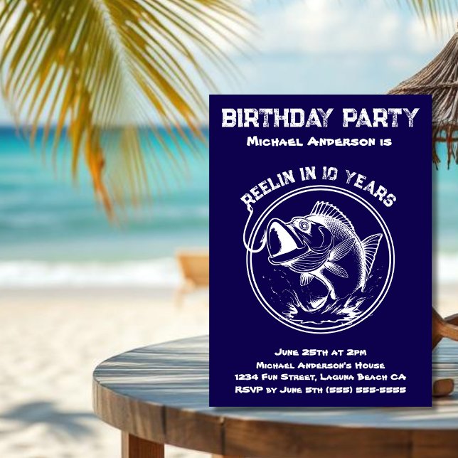 Convite Peixe-festa de aniversário (Birthday Invitation, Fish, Fisherman Core Party, Blue and White, Birthday Invitation for Him, Summer)