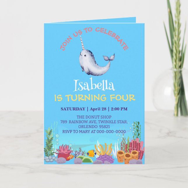 Convite Peixe Narral Cute Unicorn Mar de Baleia Aniversári (Frente)