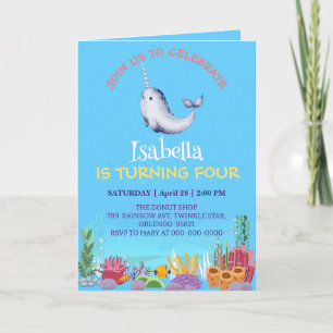Convite Peixe Narral Cute Unicorn Mar de Baleia Aniversári