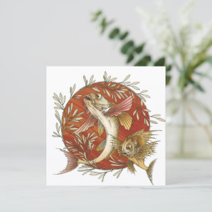 Convite Peixe Voador Japonês e Folhas de Bambu Arte Vintag