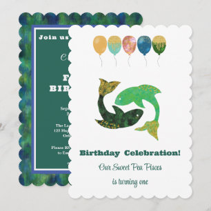 Convite Peixes 1º Aniversário Impressionista Dourado Brilh