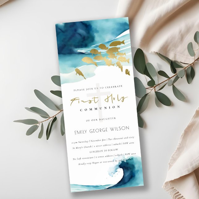 Convite Peixes do Mar Submarino Azul Dourado Primeira Comu (Criador carregado)