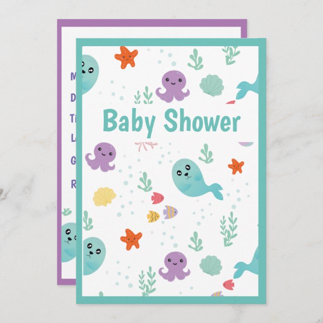 Convite Peixes Octopus Baleias Chá de fraldas Oceânico (Frente/Verso)