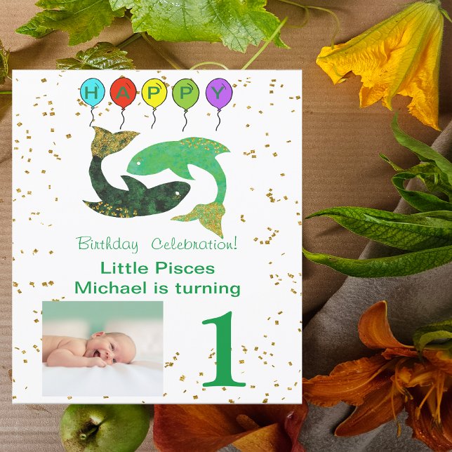 Convite Peixes Primeiro Aniversário Dourado, Balões e Foto (Criador carregado)