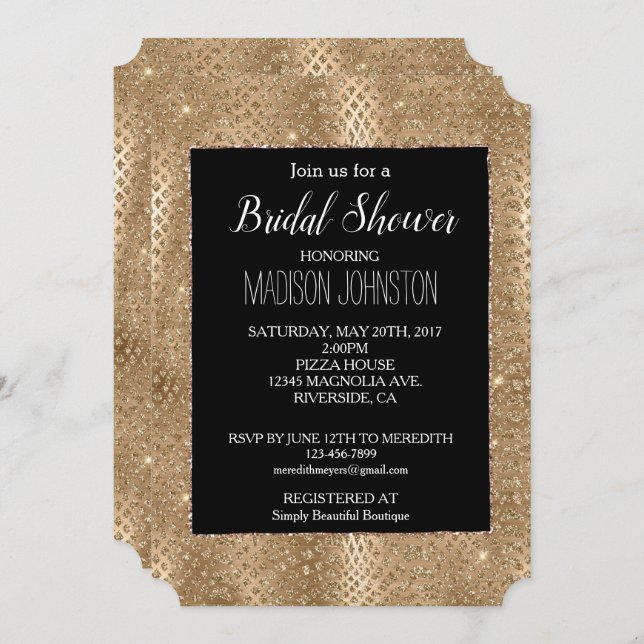 Convite Pele de Cobra com Glitter Dourado Preto (Frente/Verso)