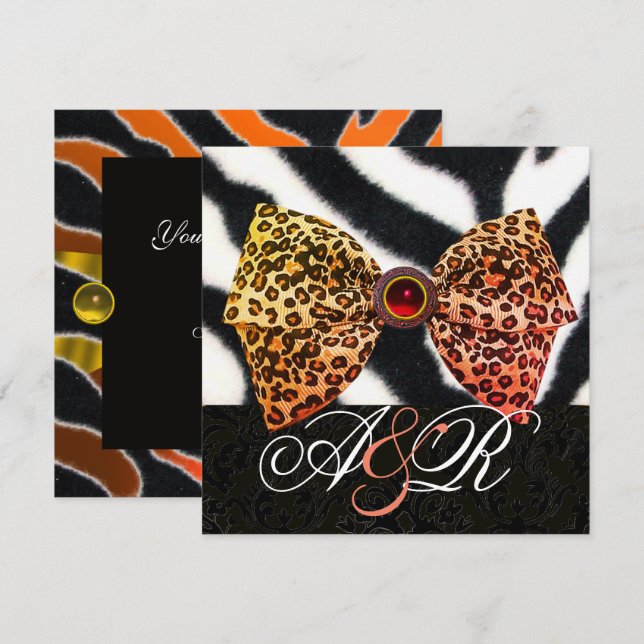 CONVITE PELO DE ZEBRA, LAÇO DE PELE DE LEOPARDO, MONOGRAMA (Frente/Verso)
