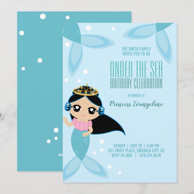 Convite Pêlos pretos de MERMAID ANIVERSÁRIO personalizados (Frente/Verso)