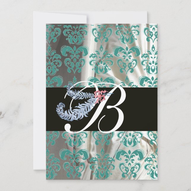CONVITE PENA DE DIAMANTE AZUL BRANCO SEDA DAMASCO MONOGRAM (Frente)