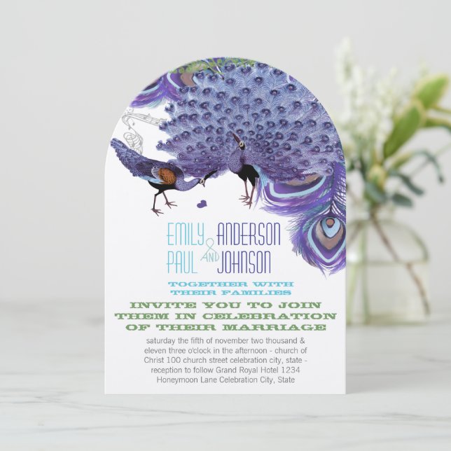 Convite Pena de Pavão Azul Cobre Verde Roxo (Em pé/Frente)