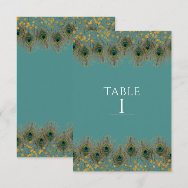 Convite Pena de Pavão & Ouro Número da Mesa QUALQUER COR (Frente/Verso)