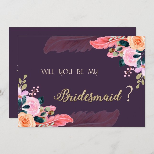 Convite Pena de Rosas Roxos Chic Elegante (Frente/Verso)