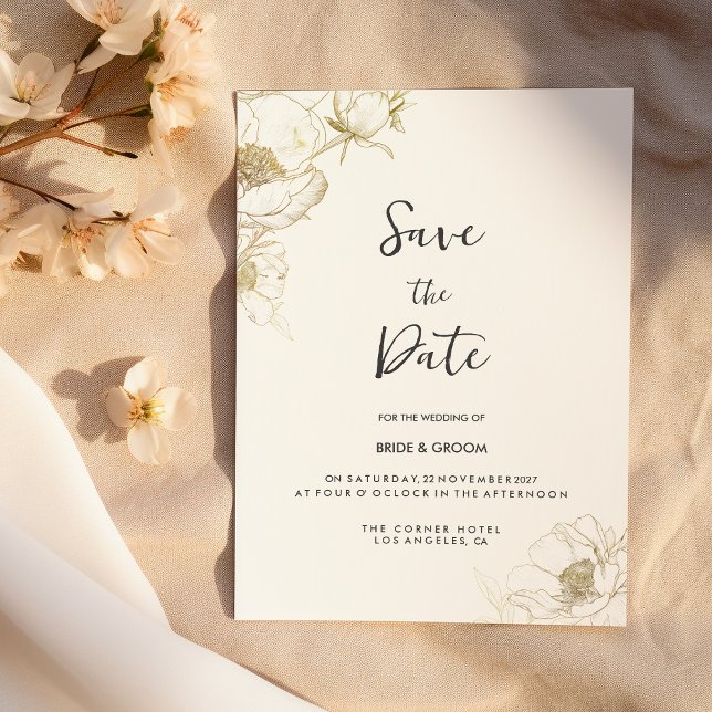Convite Pena floral de ouro branco de luxo Salve a data (Luxury white gold peony floral Save the Date)
