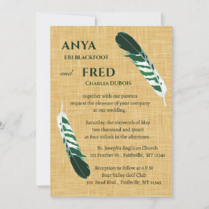 Convite Pena Verde Editável em Linho de Casamento