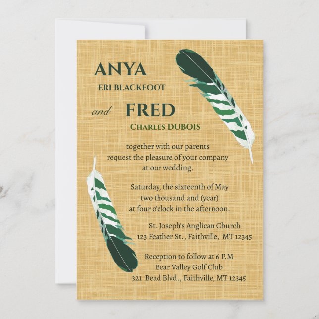 Convite Pena Verde Editável em Linho de Casamento (Frente)