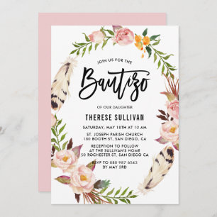 Convite Penas Boêmicas e Rua Floral Blush Bautizo