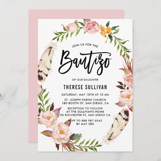 Convite Penas Boêmicas e Rua Floral Blush Bautizo (Frente/Verso)