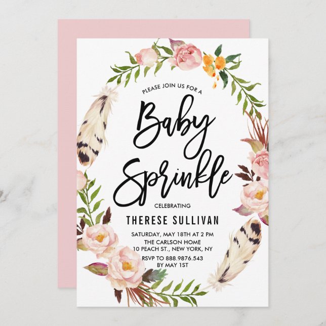 Convite Penas Boêmicas Fritões Fritais Fritões Pink Bebê S (Frente/Verso)