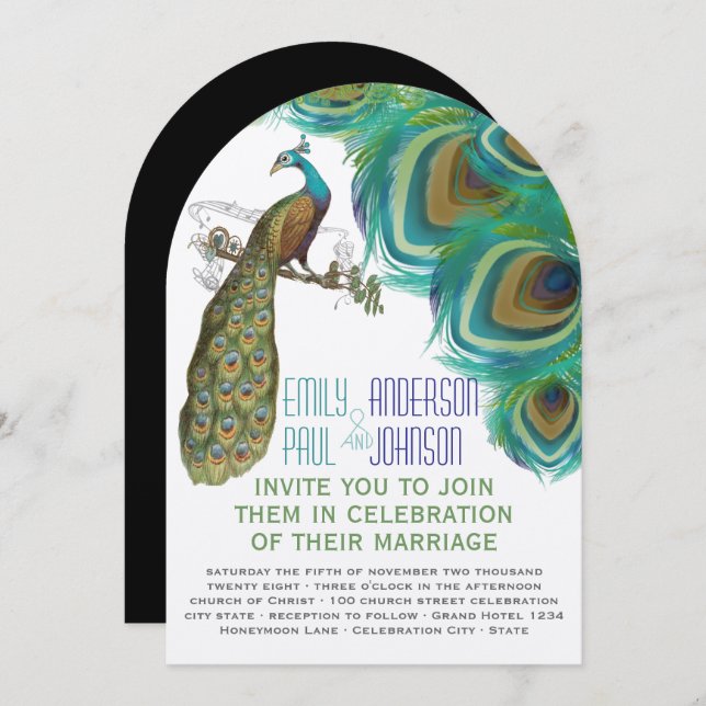 Convite Penas Boho Boho de Peacock com Peacock (Frente/Verso)